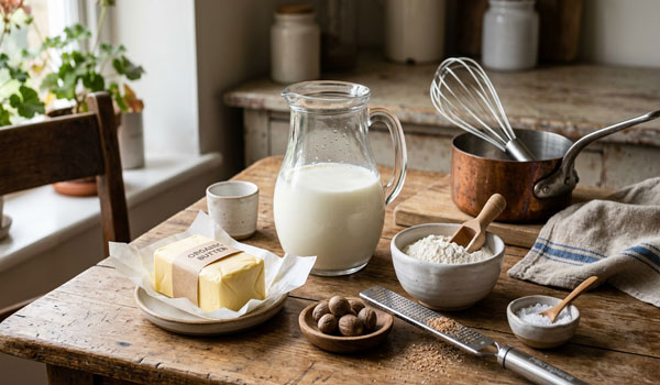 Мука, молоко в кувшине, специи на столе