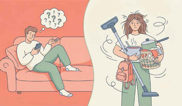 Мужчина на диване с телефоном, женщина с корзиной белья, пылесосом и кастрюлями