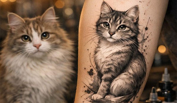 Тату с котом и живой кот