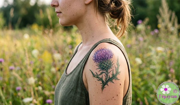 Тату с чертополохом на плече девушки