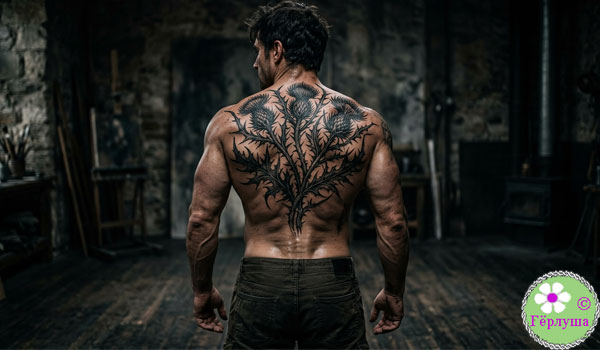Мужчина с ратуировкой чертополоха на спине